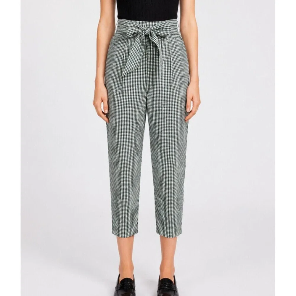 Free People Westside Gingham Seersucker Tie-Waist Pants Black White - Size 2